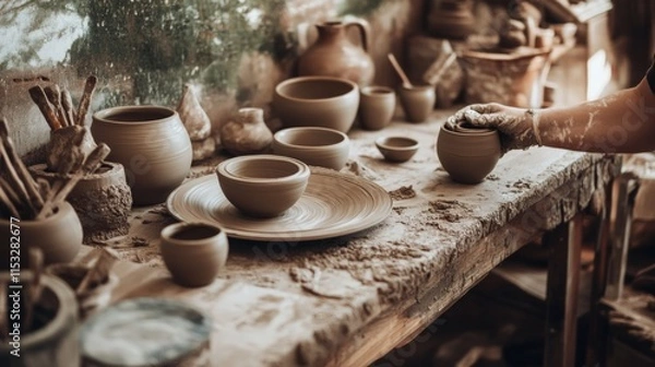 Fototapeta A serene pottery session in a cozy studio, Clay and pottery wheels set for artistic creation, Artisanal craft style