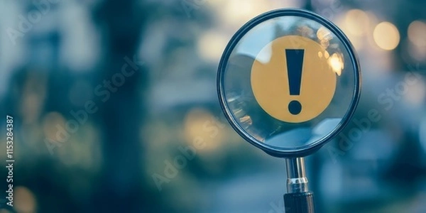 Obraz Magnifying glass featuring an exclamation warning sign, emphasizing caution and alertness. The magnifying glass highlights the importance of attention to warning signs and safety.