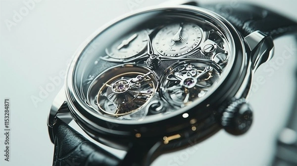 Fototapeta Photorealistic ad for luxury wristwatch with metallic strap, intricate dial, and minimalist background
