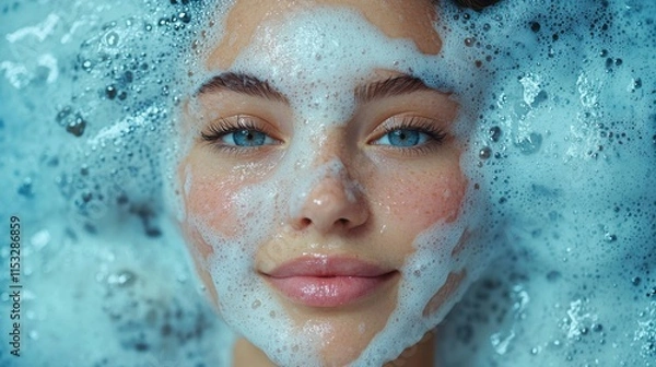 Fototapeta A young woman with blue eyes smiles while submerged in bubbly foam during a facial treatment. The image captures her serene expression and glowing skin.
