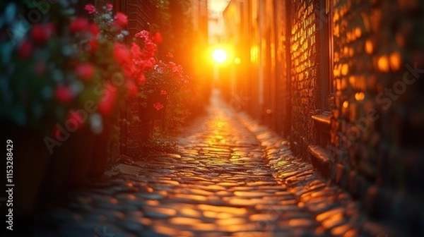 Fototapeta A serene alleyway illuminated by sunset, lined with flowers and cobblestones.