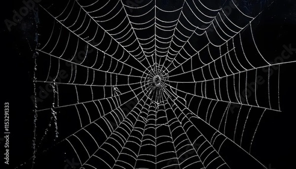 Fototapeta A spider web covered with dew on a dark background. The concept of fragility and complexity in natural patterns.