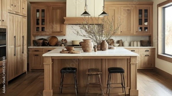 Fototapeta A charming rustic kitchen with wooden cabinetry, a central island, and farmhouse decor. The space combines natural materials like wood and stone, creating a warm, inviting atmosphere perfect for