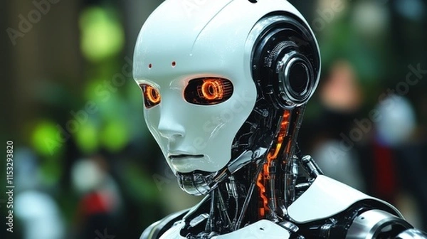 Fototapeta Close-up of a humanoid robot's head and shoulders, showing intricate detail and glowing internal components.