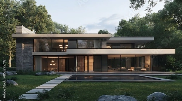 Fototapeta Luxurious modern home featuring innovative architecture, displayed in high-resolution imagery
