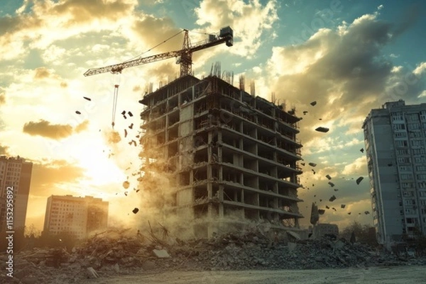 Fototapeta Illustration of a building under construction collapse