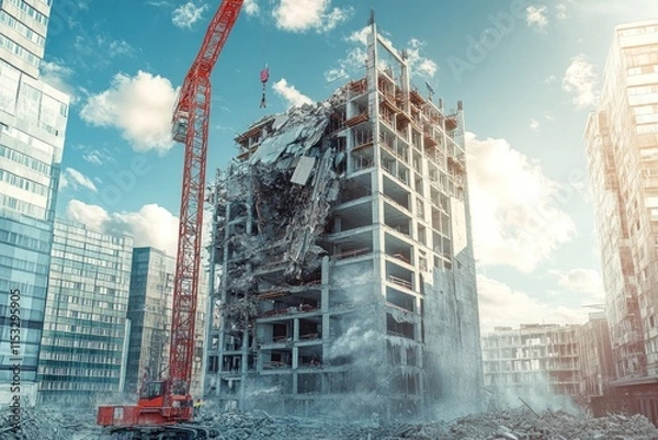Fototapeta Illustration of a building under construction collapse