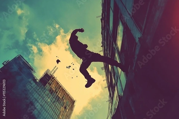 Fototapeta Illustration of a worker falling from a building