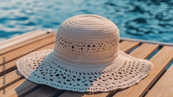 Obraz Elegant Sun Hat on Wooden Deck Near Tranquil Pool Water Surface