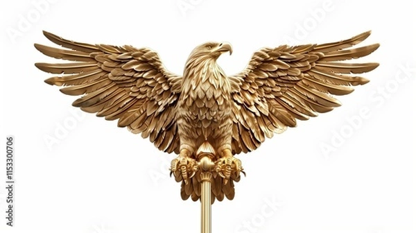 Obraz A stunning 3D gold eagle flagpole topper with detailed textures and reflections, displayed on a white background