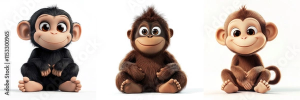 Fototapeta set of 3d cartoon primates, monkey, chimpanzee, orangutan