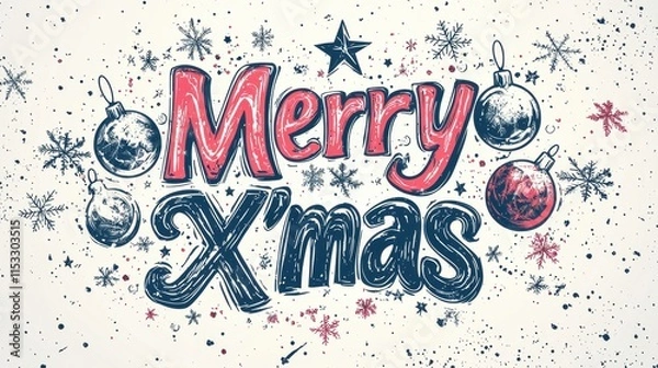 Fototapeta Stylish Merry Xmas Advertisement Concept with Festive Typography and Illustrations of Ornaments and Snowflakes