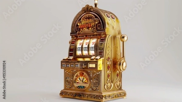 Obraz A 3D depiction of a luxurious gold jackpot slot machine with intricate designs, a lever, and illuminated jackpot indicators, set against a white background