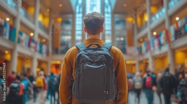 Fototapeta Student with backpack in large building atrium.