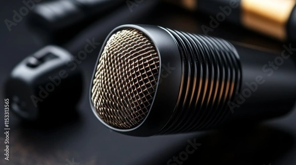 Fototapeta High end professional recording studio microphone, smooth metal mesh design, presented in low-key product photography, with a dark background highlighting its modern aesthetics.