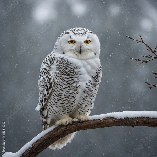 Obraz A stoic snowy owl perched on a branch during a gentle snowfall.