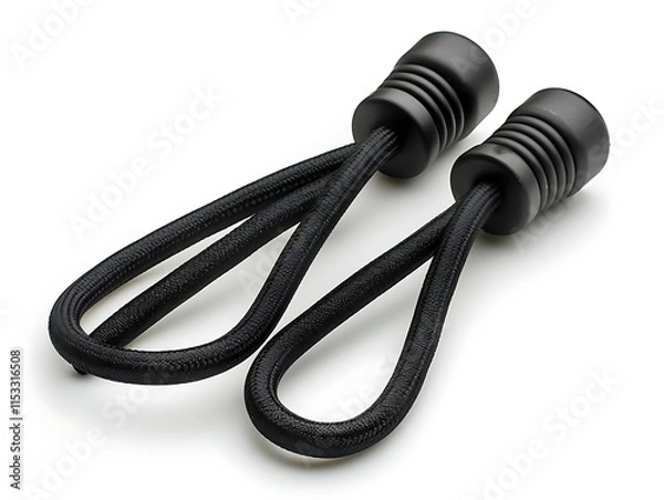 Obraz Two black elastic cords with plastic tips, isolated on white background.