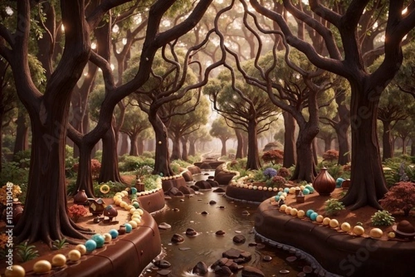 Fototapeta Chocolate forest with chocolate trees, a flowing chocolate river between them, colorful candy-coated dragees along the banks