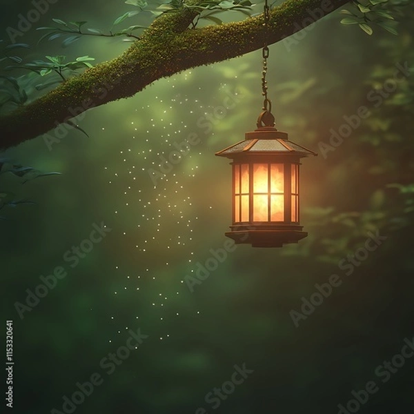 Fototapeta Illuminated Lantern Hanging From Mossy Tree Branch In Forest