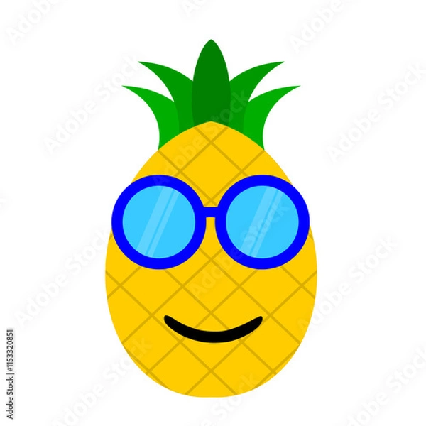 Obraz Cute pineapple cartoon style face with nred blue glasses illustration. Vector illustration fruit pineapple with a smiling expression in summer sunglass. fruit summer clip art mascot