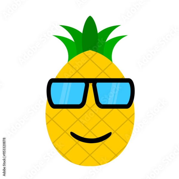Obraz Cute pineapple cartoon style face with trendy black frame glasses illustration. Vector illustration fruit pineapple with a smiling expression in summer sunglass. fruit summer clip art mascot