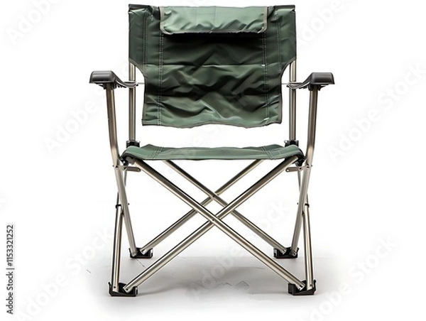 Obraz Green folding camping chair with aluminum frame and armrests, isolated on white background.