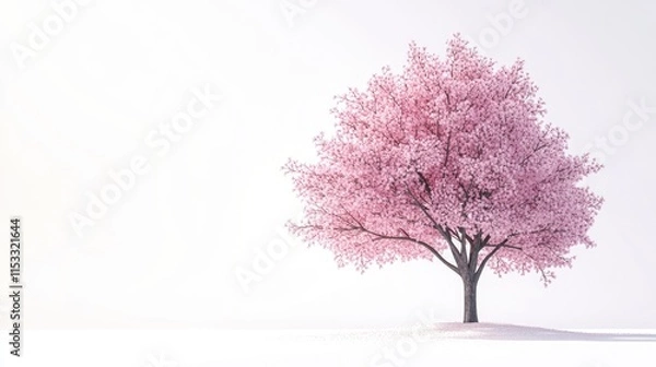 Fototapeta A single sakura tree, covered in soft pink blossoms, isolated on a white background, representing the beauty of cherry blossoms.