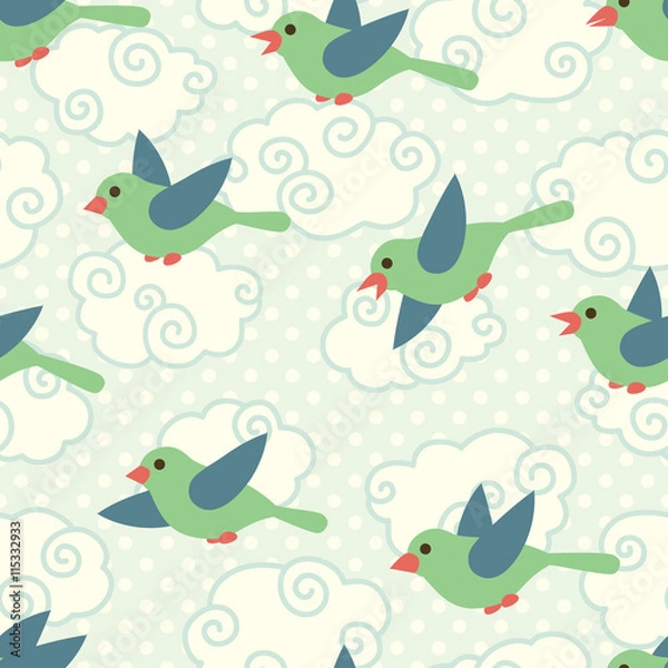 Fototapeta Seamless pattern with cute cartoon birds in the sky