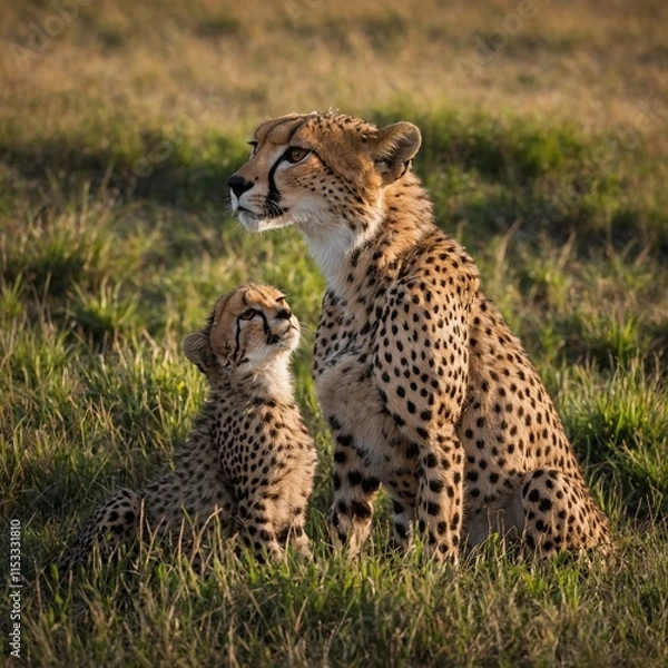 Obraz A cheetah mother playing with her cubs in a grassy plain.
