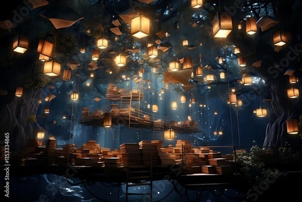 Fototapeta Magical treetop library with glowing lanterns and floating books.