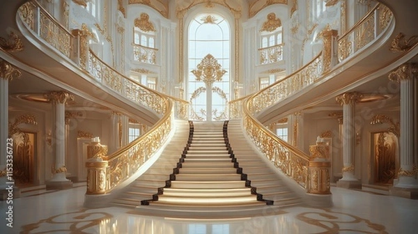 Fototapeta A large staircase with elaborate railings within a palatial building, luxurious palaces