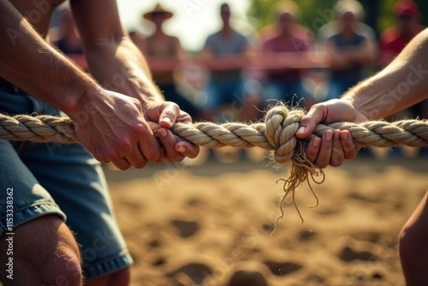 Fototapeta Rope being pulled apart with intense force in a tug of war contest on Independence Day, competition, force