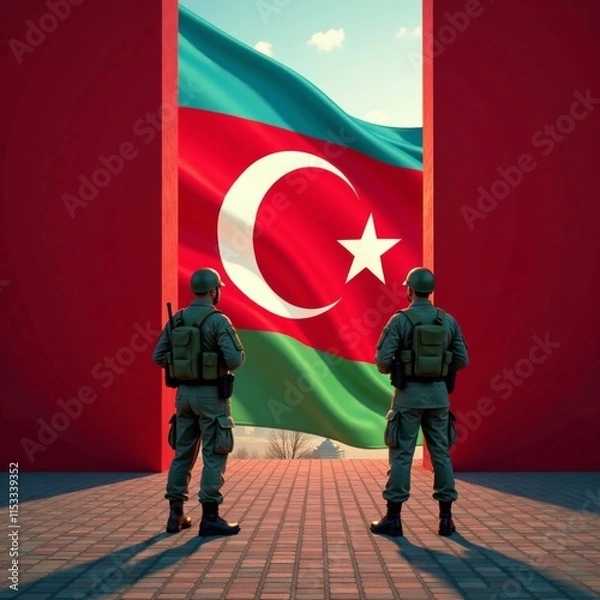 Obraz Two soldiers stand watch over the Azerbaijani flag as a red wall threatens to engulf it , patriotism, flags