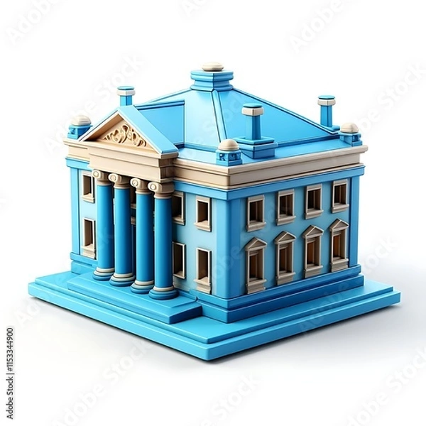 Fototapeta A 3D model of a light blue classical building with columns, a hipped roof, and chimneys, isolated on white background.