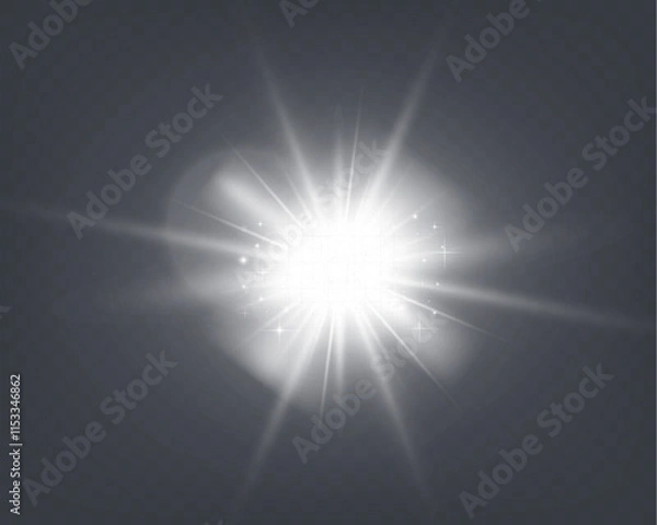 Obraz 	
Bright glowing light burst with soft edges and subtle rays on a transparent background, suitable for overlays and design projects.	