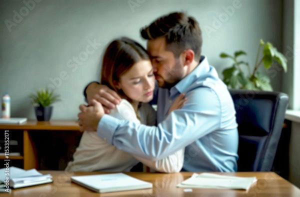 Fototapeta Office interaction raises concerns about harassment between colleagues in a blurred setting