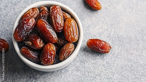Fototapeta Dried dates in white bowl on grey background