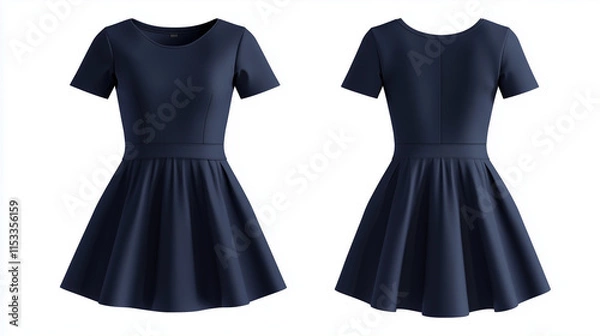 Fototapeta Navy blue casual dress mockup front and back view isolated on white background for brand presentation

