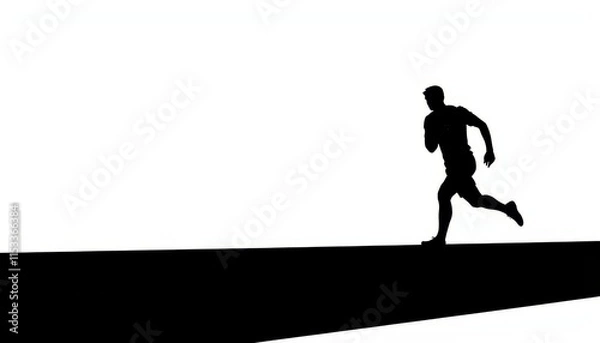 Fototapeta Silhouette of a runner sprinting towards dawn on an empty horizon in a minimalistic landscape