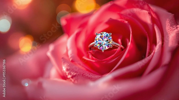 Fototapeta Valentine's Day Diamond Ring, Red Rose, Romantic Proposal