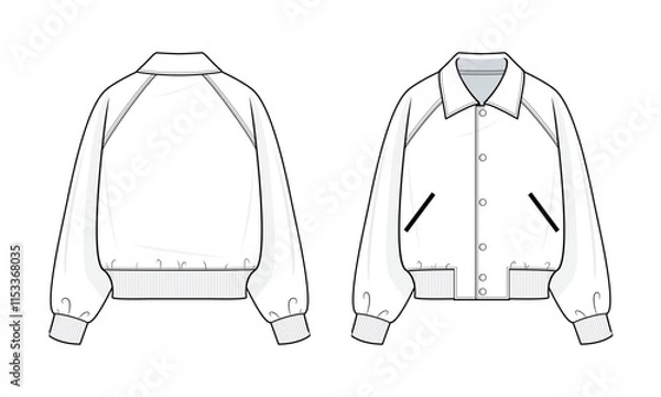 Fototapeta Varsity Jacket technical fashion illustration. varsity jacket vector template illustration. front and back view. relaxed fit. raglan sleeves. unisex. button-up front. White color. CAD mockup.