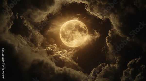 Fototapeta "A radiant full moon illuminating the night sky, surrounded by soft, drifting clouds that add depth and mystery to the scene."

