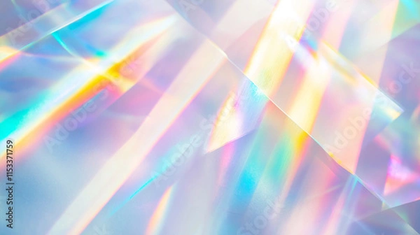 Fototapeta Holographic rainbow light refraction texture overlay with abstract soft bokeh effect on a white wall backdrop. Natural prismatic glow and shadows. Background with copy space. For design