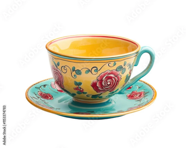 Fototapeta vibrant teacup with floral patterns sits on matching saucer, showcasing intricate designs and bright colors. cup features yellow interior and turquoise exterior adorned with red roses