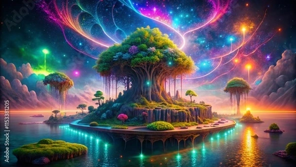 Fototapeta Surreal Dreamscape:  Floating Island with Neon Neu Network