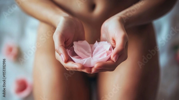 Fototapeta Concept of women's health, white flower on the background of a girl, hips and belly