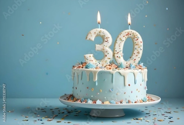 Fototapeta A birthday cake with the number 30 on it, surrounded by confetti against a light blue background