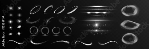 Obraz Starlight effect set and spotlight. Glow isolated white transparent light effect set, glitter, line, sun flash, dust, stars, sunlight, spotlight, swirl, spiral, portal or tunnel, rings of smoke