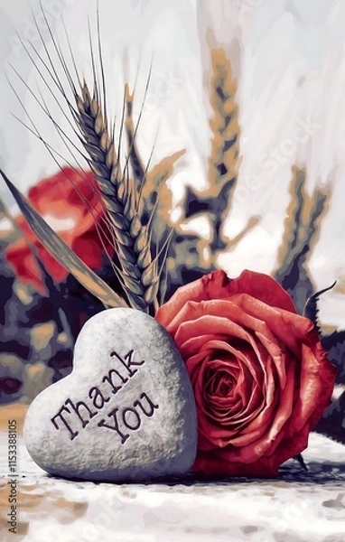 Fototapeta It is a minimalistic composition with a stone shaped like a heart, a stalk of wheat, and a rose with thorns. On the stone, there is an engraving: "Thank you."