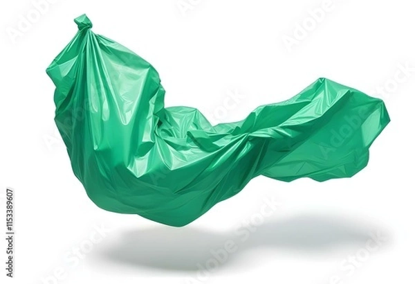 Fototapeta A crumpled green plastic bag floating in the air, with the material creating abstract and organic shapes against a plain white background
